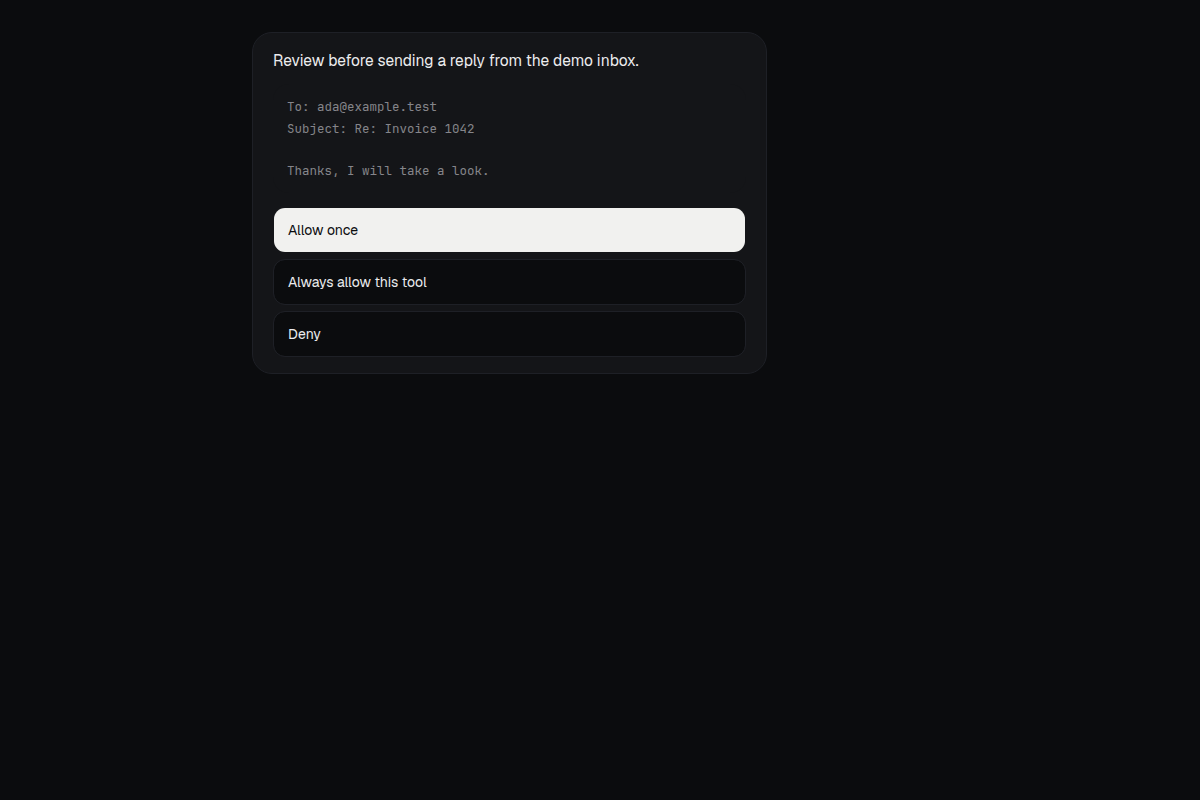 An approval card asking whether a demo bot may send an email, with allow once, always allow, and deny.