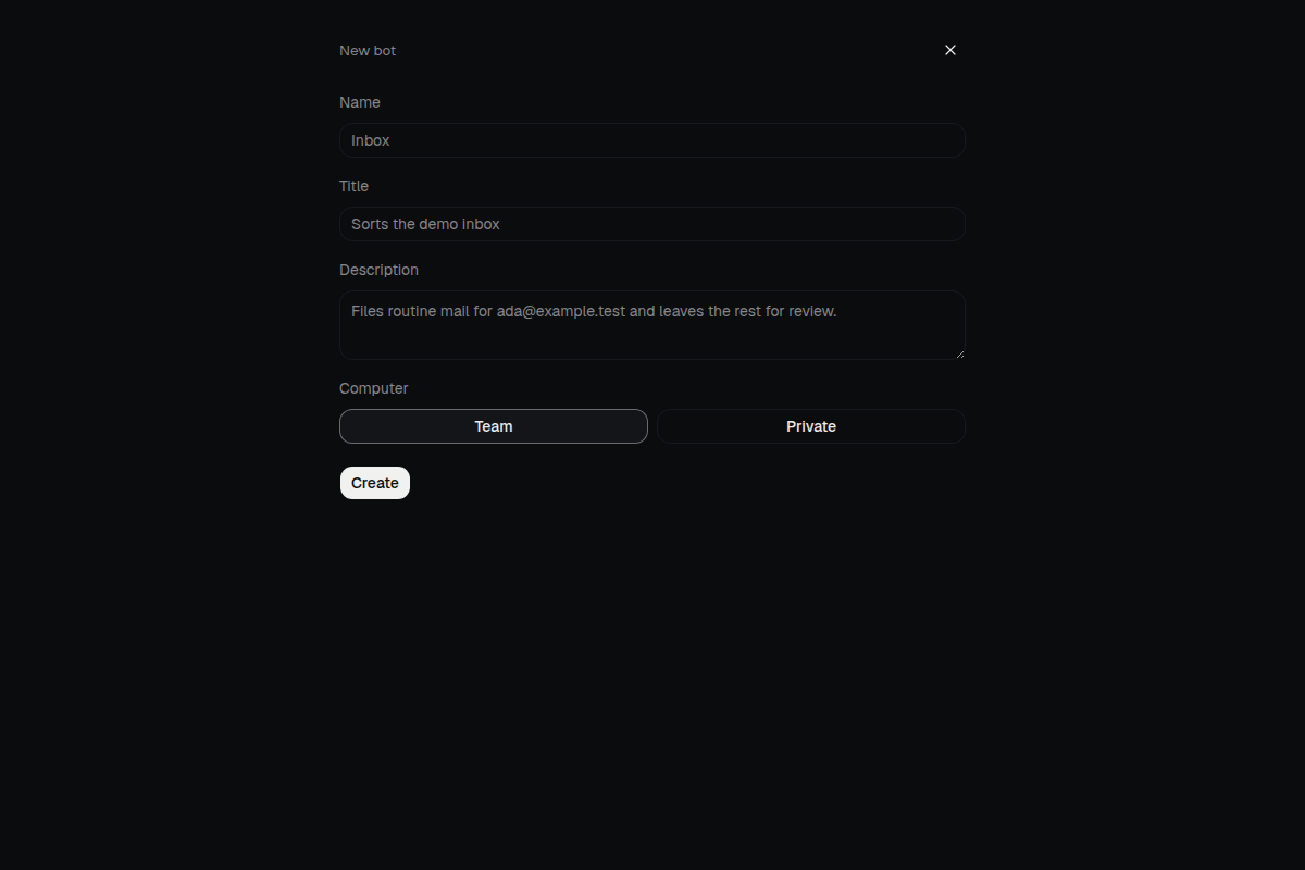 The new bot form in Goldentrail, filled with a demo bot named Inbox.